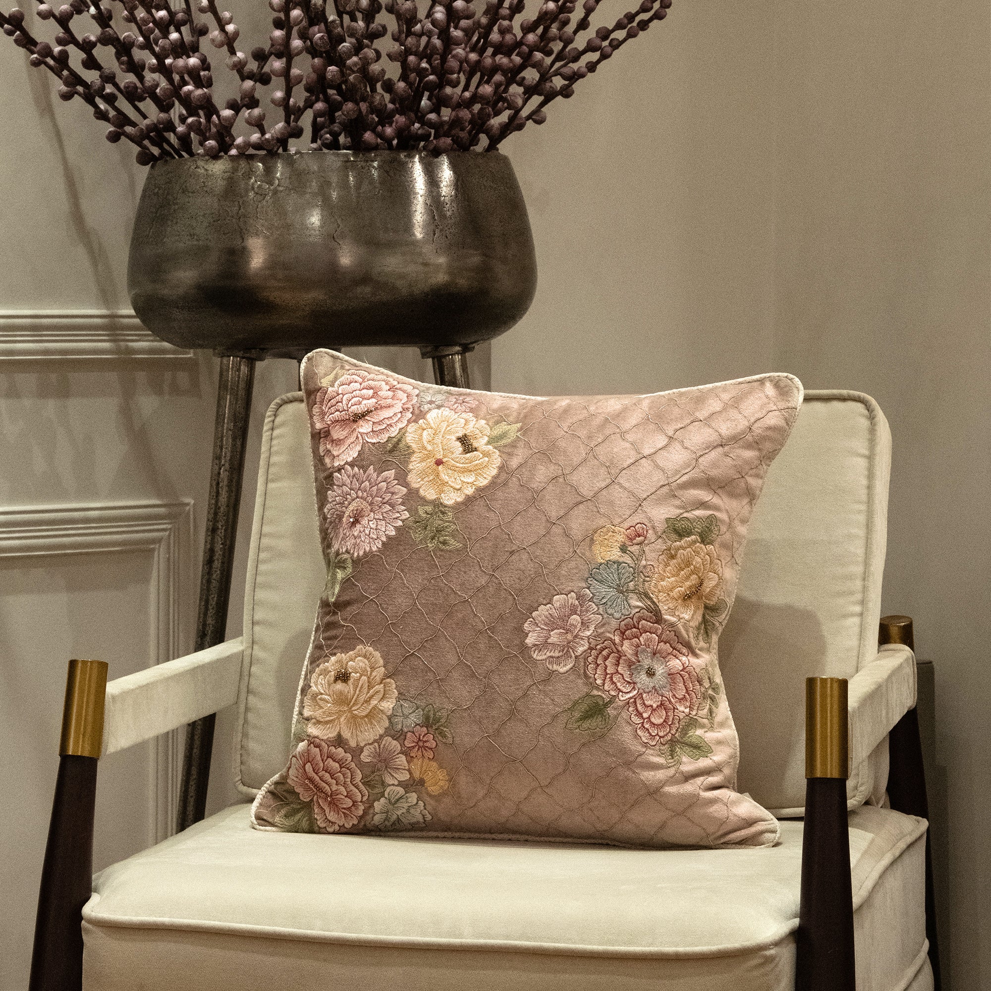 Camellia Beige Emb. Cushion Cover